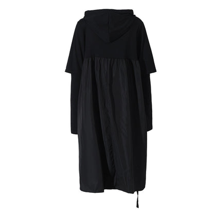 Black pullover hooded dress with female hollow out design long sleeved loose drawstring side slit skirt