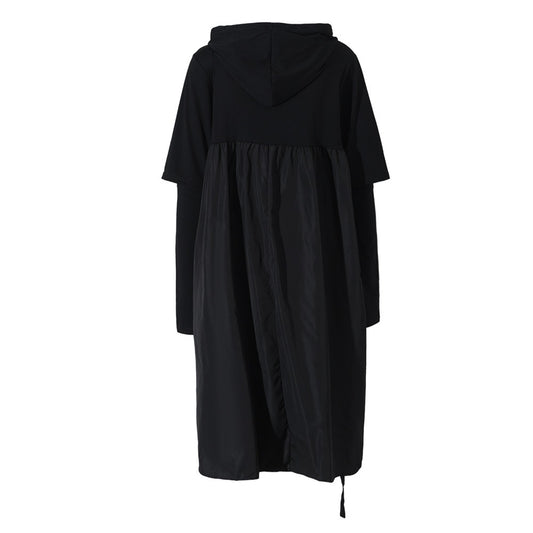 Black pullover hooded dress with female hollow out design long sleeved loose drawstring side slit skirt