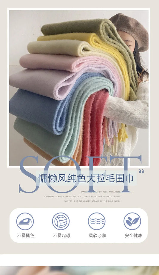 Colors Cashmere Scarf Women Men Thickened Solid Color Shawl Tassel Shawl Lovers Scarf  Winter Warm Thickened Accessories