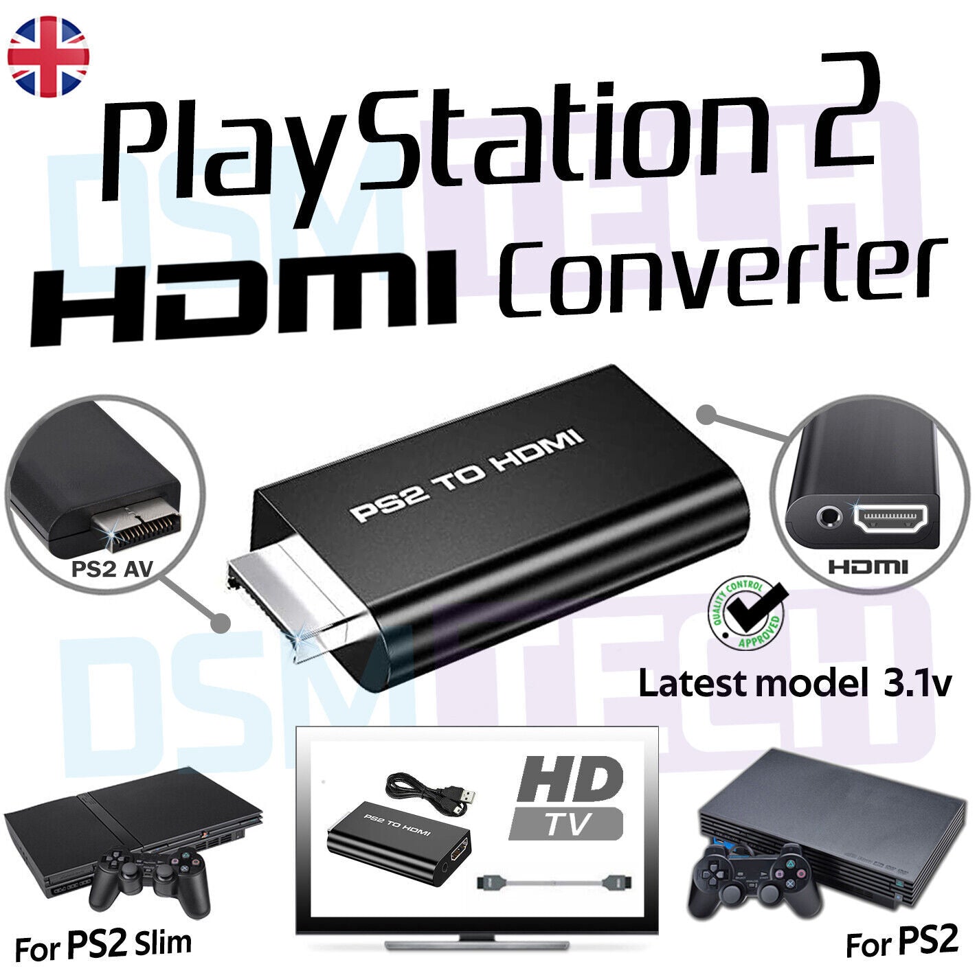 PS2 PlayStation2 To HDMI Converter, Adaptor Cable,Audio Video HD RCA AV Video