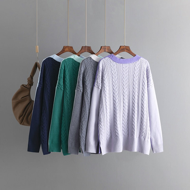 Loose color matching Fried Dough Twists V-neck knitted cardigan casual sweater coat female