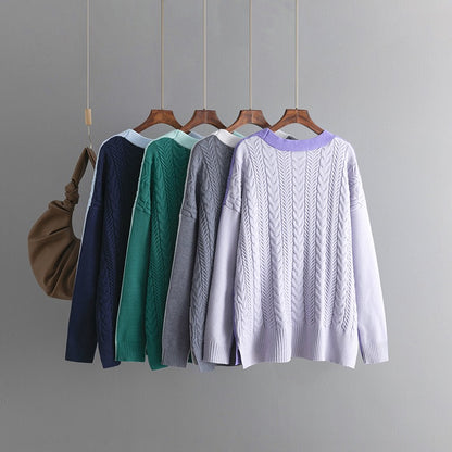 Loose color matching Fried Dough Twists V-neck knitted cardigan casual sweater coat female