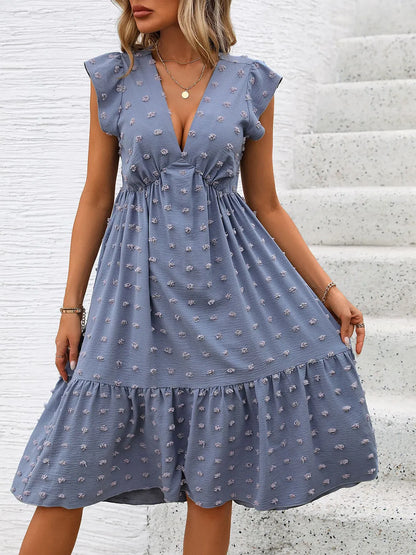 Lotus leaf sleeve skirt summer foreign trade blue loose jacquard dress