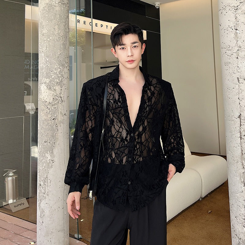 Asexual hollow embroidery jacquard micro perspective lace shirt men's front shoulder large padded shoulder long sleeved