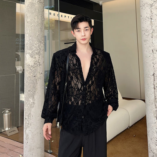 Asexual hollow embroidery jacquard micro perspective lace shirt men's front shoulder large padded shoulder long sleeved