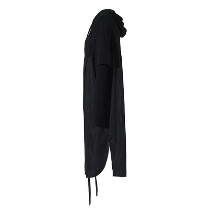 Black pullover hooded dress with female hollow out design long sleeved loose drawstring side slit skirt