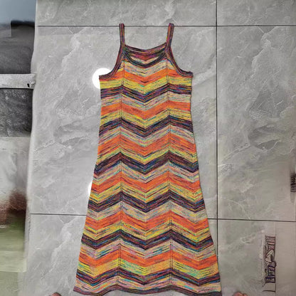 Holiday Knitted Dress Women's Summer Colorful Wave Pattern Strap Skirt Long Style Temperament V-neck Long Skirt