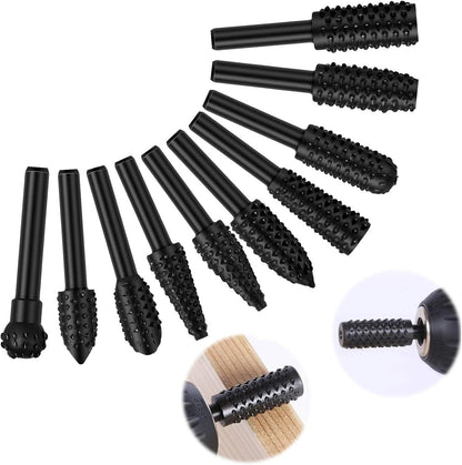 10PCS Wood Carving Rasp File Drill Bit, 1 -4inch Shank Rotary Burr Power Carving Tools For Wood Engraving Grinding