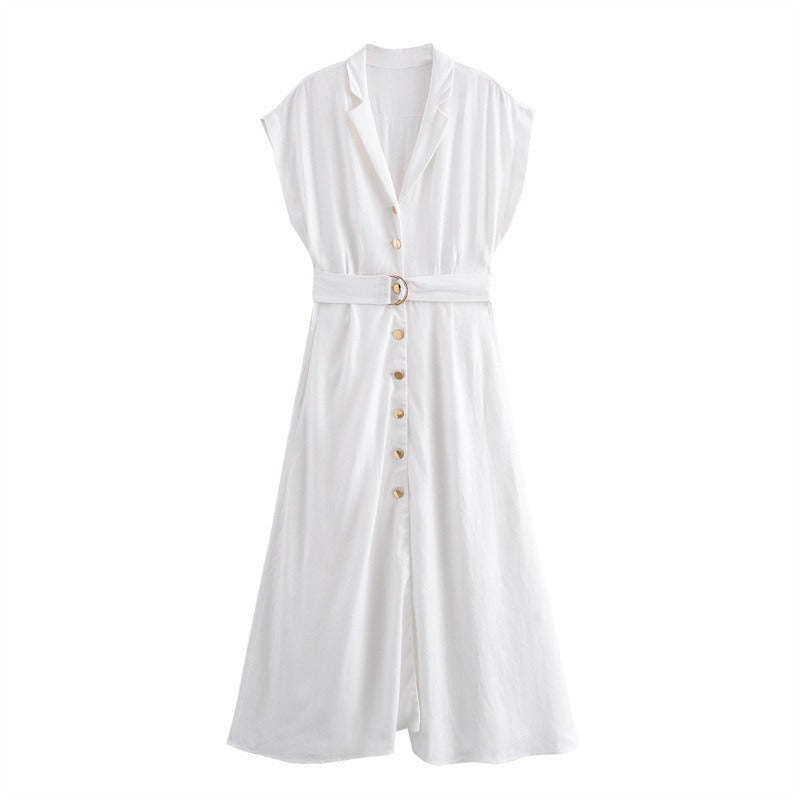 Single breasted waistband embellished with linen slim fit dress