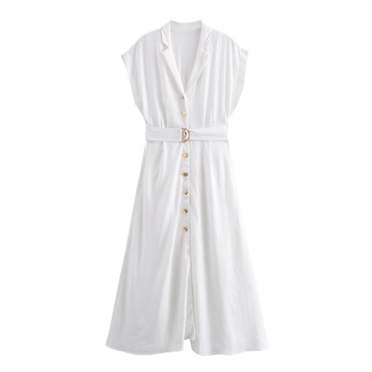 Single breasted waistband embellished with linen slim fit dress