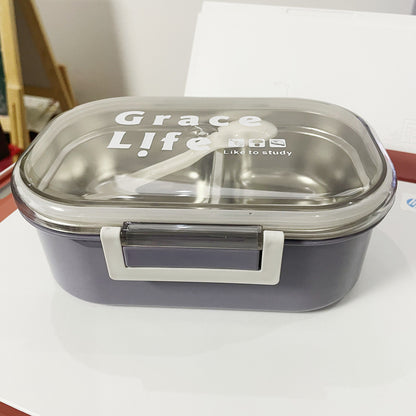 Korean style simple stainless steel two compartment lunch box with cutlery