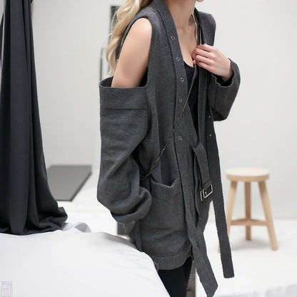 Off shoulder loop with V-neck knitted cardigan women's trendy silhouette single breasted long sleeved gray knitted top