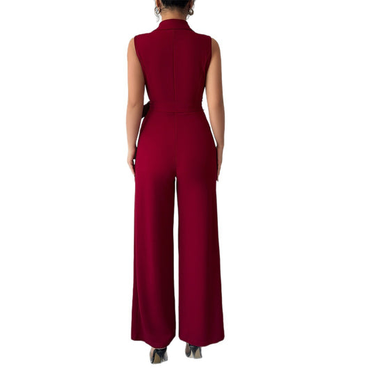 Minimalist style waist cinched wide leg pants for women's jumpsuit