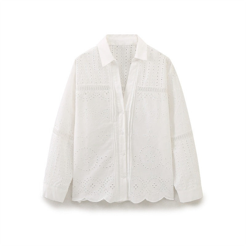 Fashionable vertical lace embroidered long sleeved loose shirt