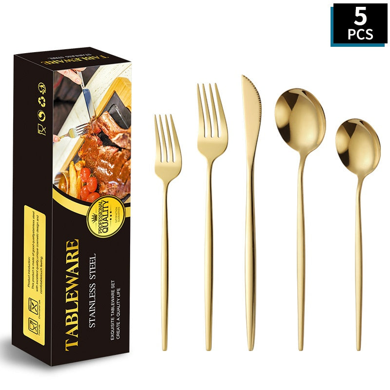 Portuguese Stainless Steel Knife Fork Spoon Golden Steak Knife Fork Set Four-Piece Tableware Set