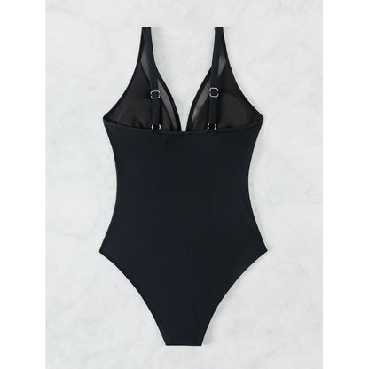 Swimsuit women's solid color sexy one-piece plus size mesh splicing beach swimsuit