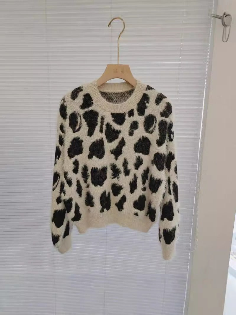High end knitted sweater short sweater women's autumn and winter European and American style leopard print top trend