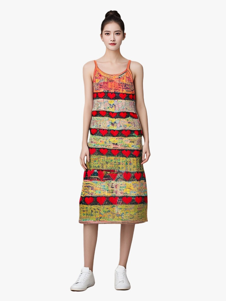 Holiday Knitted Dress Women's Summer Colorful Wave Pattern Strap Skirt Long Style Temperament V-neck Long Skirt