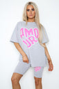 Cycling Short And T-Shirts Co-Ord Two Piece Side Slit Set With Front Printed Slogan