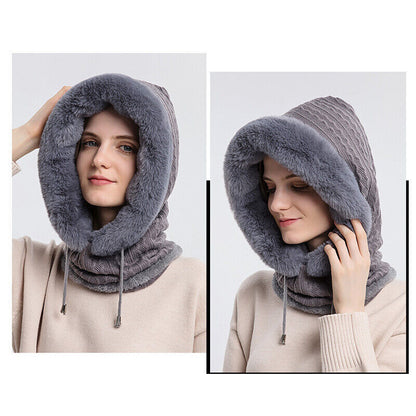 Slouchy Fleece Beanie Hats Scarf Mask Warmer Hooded Winter Pullover Knitted Hat
