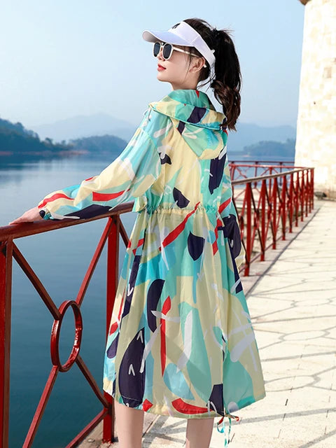Printed mid length knee length sun protection suit, outdoor breathable lightweight jacket