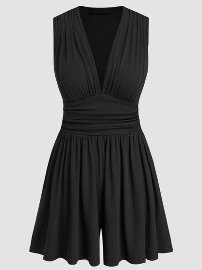 Women's knitted jumpsuit with solid color pleats and decorative grooves sleeveless jumpsuit