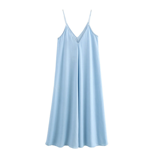 Solid color casual loose strap MIDI dress