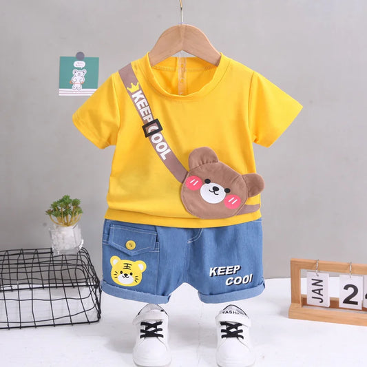 Children's clothing children's short sleeved shorts set stylish baby summer clothing children's shoulder bag T-shirt cartoon set