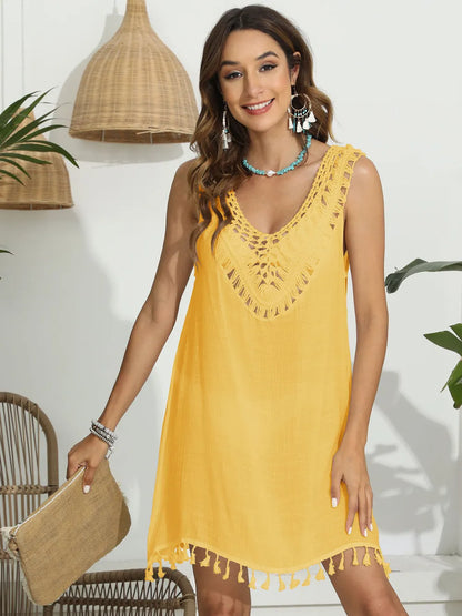 Women's hand hook splicing tassel V-neck hollow vest skirt bikini cover shirt