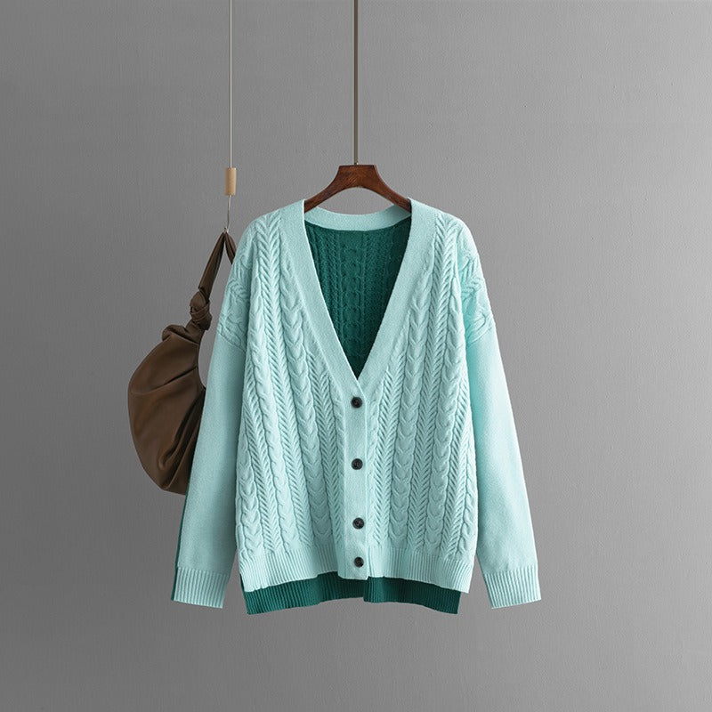 Loose color matching Fried Dough Twists V-neck knitted cardigan casual sweater coat female