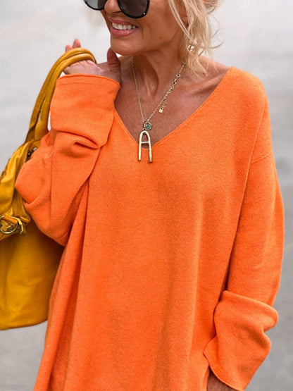 Solid color V-neck long sleeved loose casual comfortable top versatile long sleeved knitted sweater women's clothing