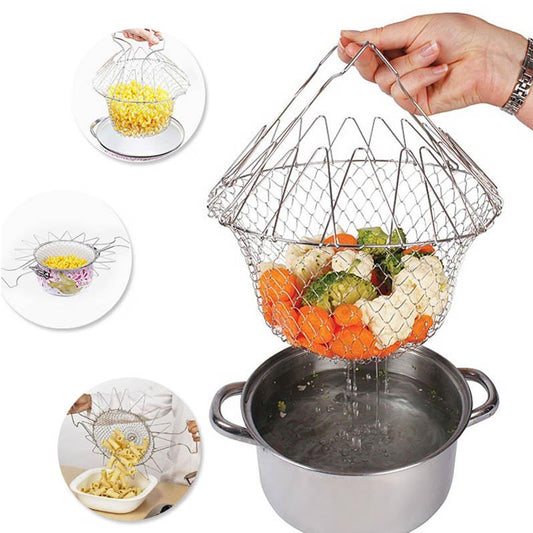 Foldable Steam Rinse Strain Fry Chef Basket Magic Mesh Basket Strainer Net Kitchen Cooking Tool Multifunction
