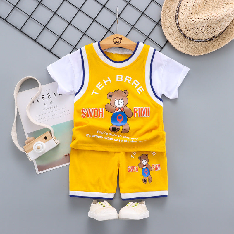 Children's Suit Summer Cartoon Bear Ball Suit Boys And Girls Fake Two-Piece Short Sleeve Shorts Baby Two-Piece Suit