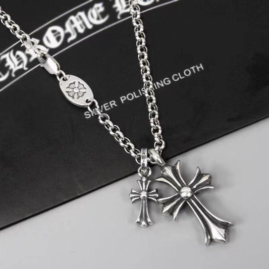 Vintage colored diamond double cross pendant necklace