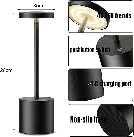 Touch Control Metal Table Desk Lamp Rechargeable Cordless Dimmable Light Black