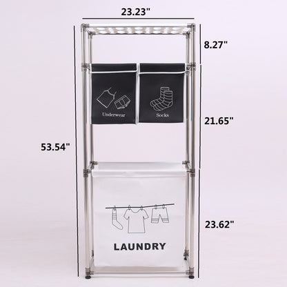 Rolling Laundry Sorter 4 Sections, 2 Tier Vertical Laundry Hamper With Wheels, Stackable Laundry Basket System For Bathroom, Laundry Room, Bedroom Light Dark