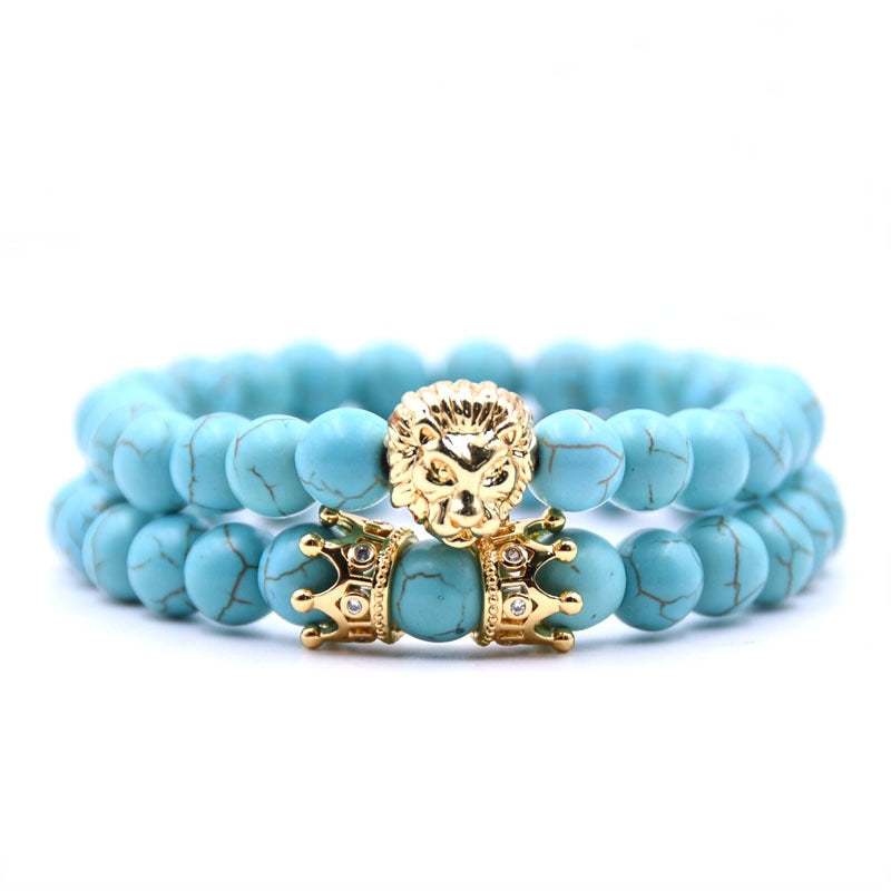 King Lion Bracelet Charm Crown Couple Braclet 5 kinds of Natural Stone Bead Braslet For Men Hand Jewelry Accessories