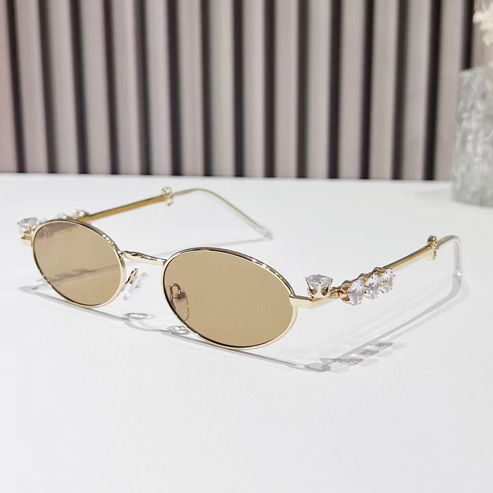 Metal inlaid diamond oval frame glasses resin anti blue light glasses rhinestone sunglasses