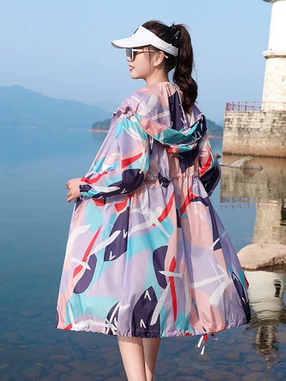 Printed mid length knee length sun protection suit, outdoor breathable lightweight jacket