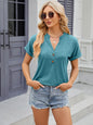 Solid color V-neck button loose short sleeved T-shirt top