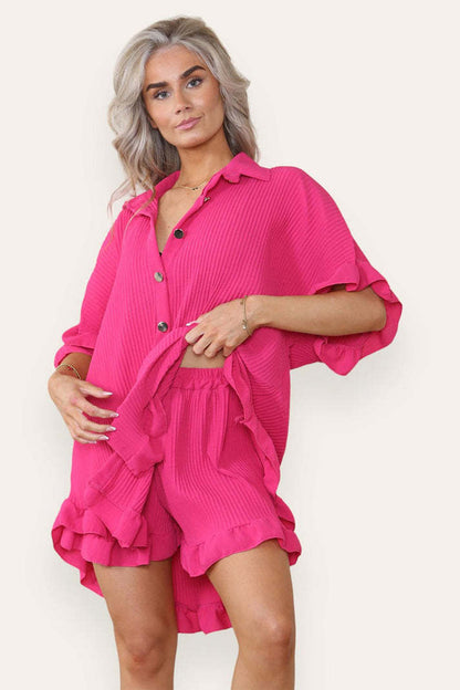 Button Pleated Frilled Ruffle Short Sleeves Shirt Top And Short Co-Ord Set