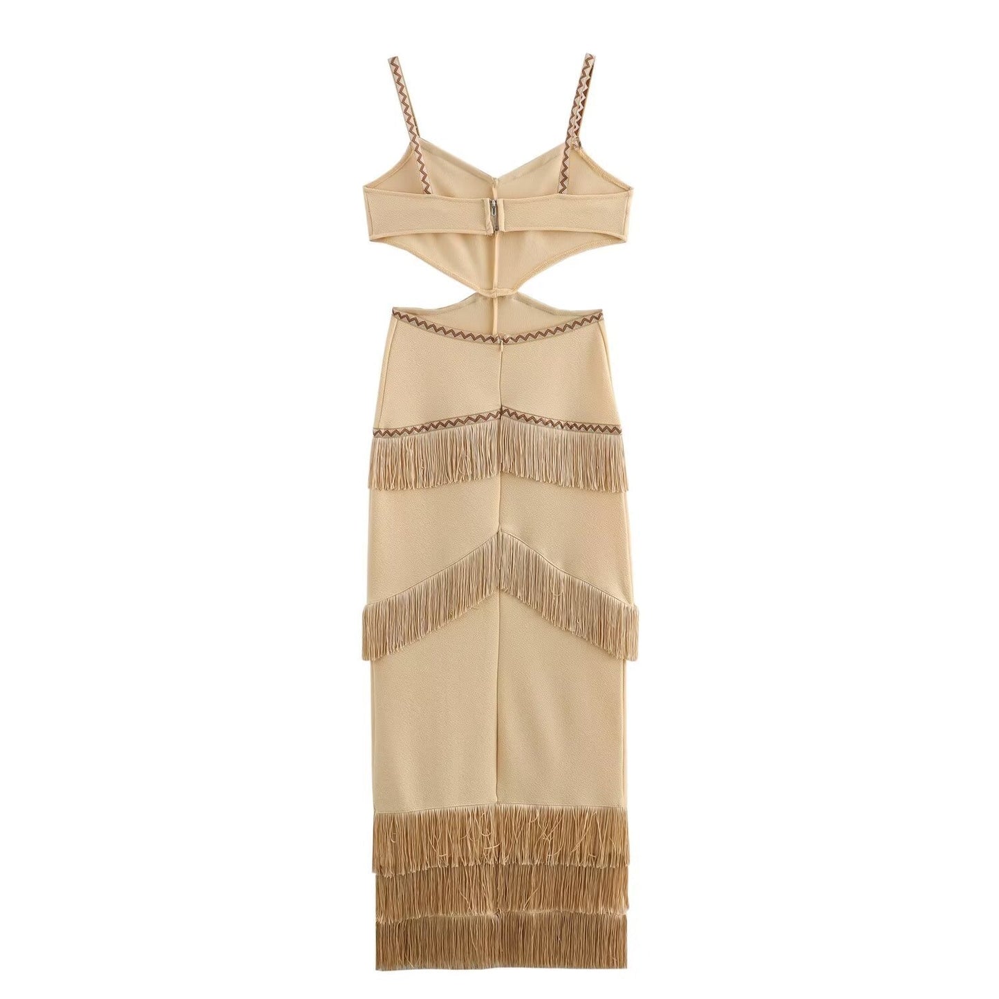 Hooded V-neck sleeveless hollow suspender tassel long dress