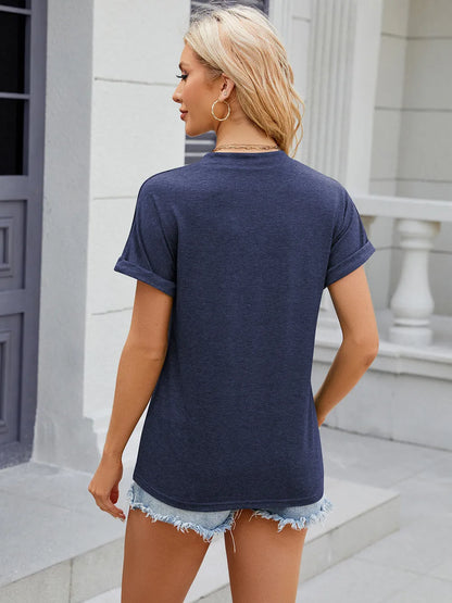 Solid color V-neck button loose short sleeved T-shirt top