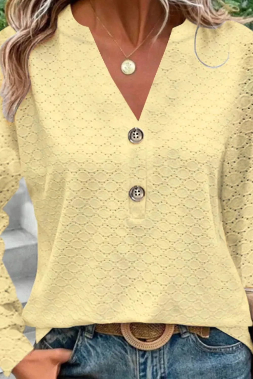 New Women's Fashion Casual Solid Color Button V-neck Long Sleeve