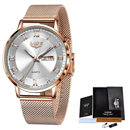 LIGE Ultra Thin Ladies Quartz Watch Classic Women's Watch Dual Calendar Waterproof Watch Milan Mesh Strap Watch