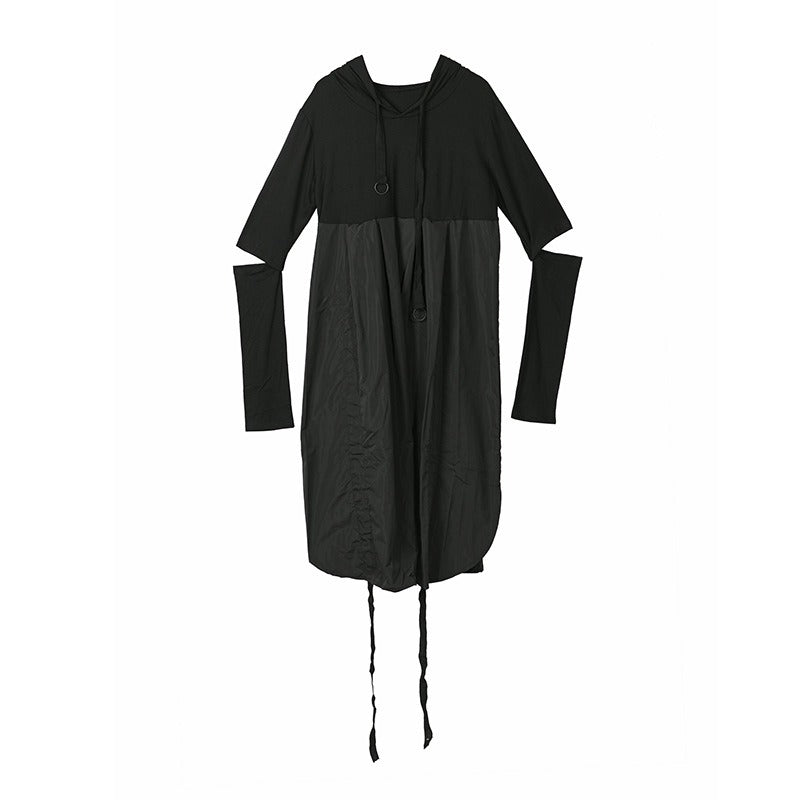 Black pullover hooded dress with female hollow out design long sleeved loose drawstring side slit skirt