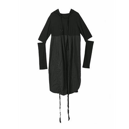 Black pullover hooded dress with female hollow out design long sleeved loose drawstring side slit skirt