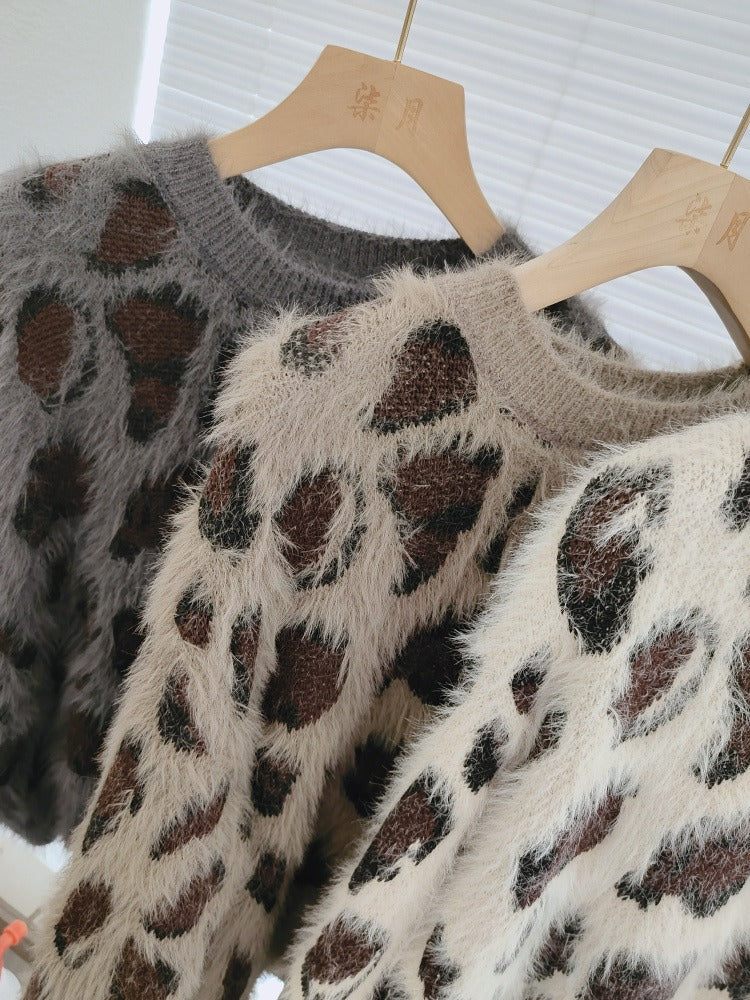 High end knitted sweater short sweater women's autumn and winter European and American style leopard print top trend