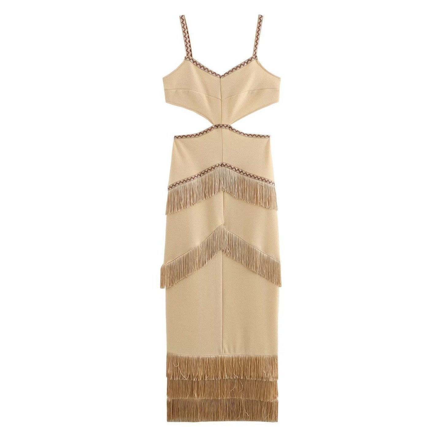 Hooded V-neck sleeveless hollow suspender tassel long dress