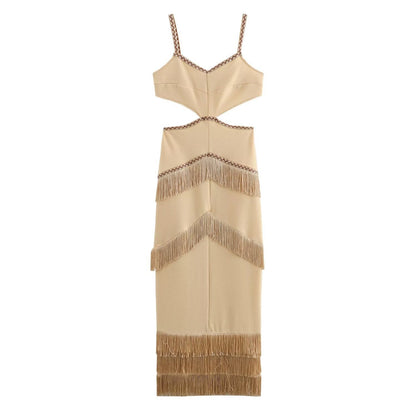 Hooded V-neck sleeveless hollow suspender tassel long dress